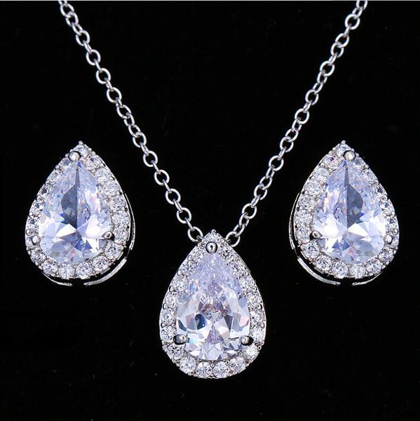 

lzx brand new water drop shape jewelry sets rose/white gold color clear cubic zirconia crystal necklace and earrings for women, Silver