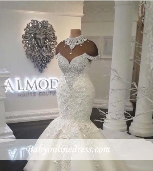 

2020 new designer luxury dubai arabic mermaid wedding dresses plus size beading crystals court train wedding dress bridal gowns ba8274, White