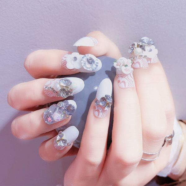 

3d finished fake nails art flash drill artificial rhinestone nail beautiful 24pcs false nail art with glue fake, Red;gold