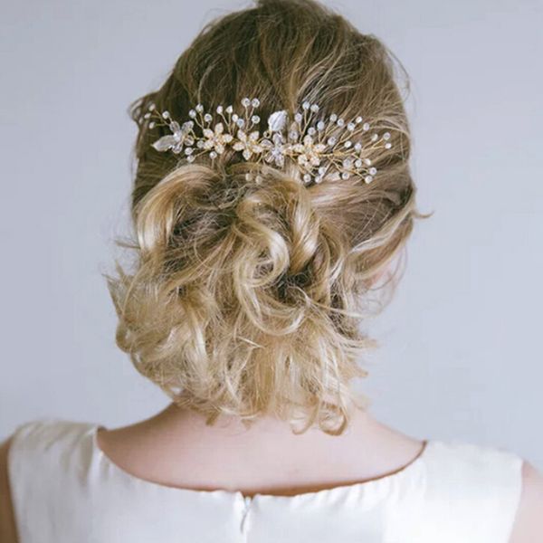 

women gold rhinestone pearl hair comb hair clip bridal wedding accessories, Golden;white