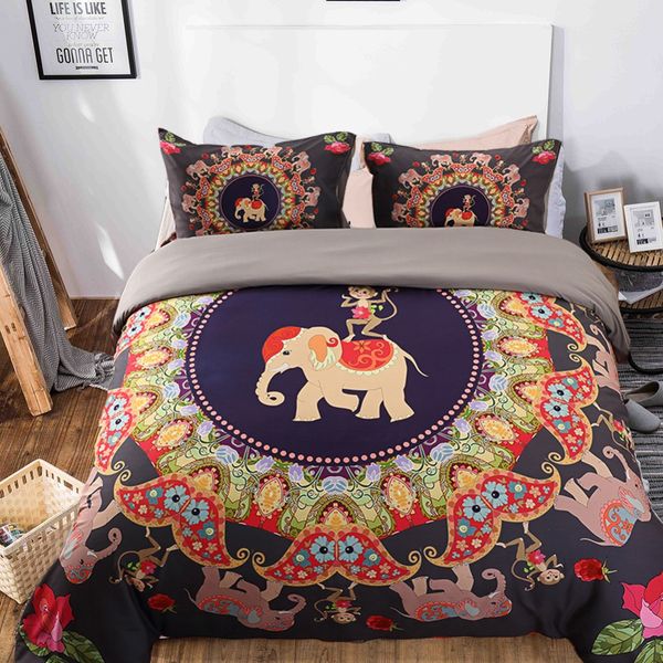 Black Bedding Set Colorful Bohemian Print Duvet Cover And