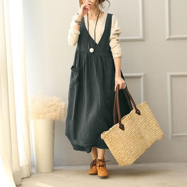 

2018 fashion zanzea women solid sleeveless party long dress spring elegant spaghetti strap v neck pockets baggy pleated vestido, White;black