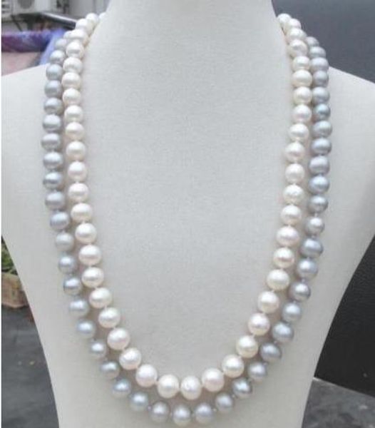 

2 row south sea 9-10mm white gray pearl necklace 18" yellow sunflower shape c, Silver