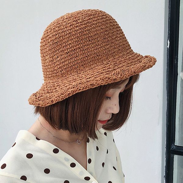 

sunshade straw beach visor hat ladies summer sunscreen solid color knit curling basin cap korea new wild youth sun chapeau femme, Blue;gray