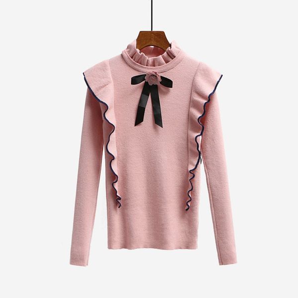 

2018 new autumn winter runway designer women sweater pullover sweet bow tie ruffles turtleneck knit basic knitted sweaters, White;black