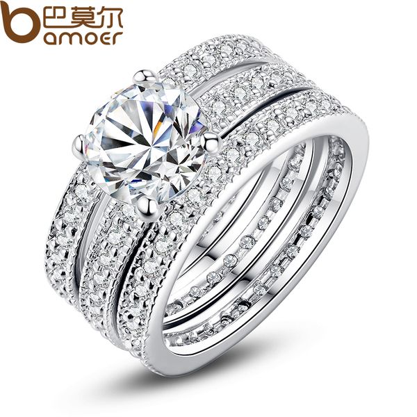 T-Ring Fashion Luxruy White Zircon Silver Color Ring Set Jewelry for Women Wedding Engagement Rings