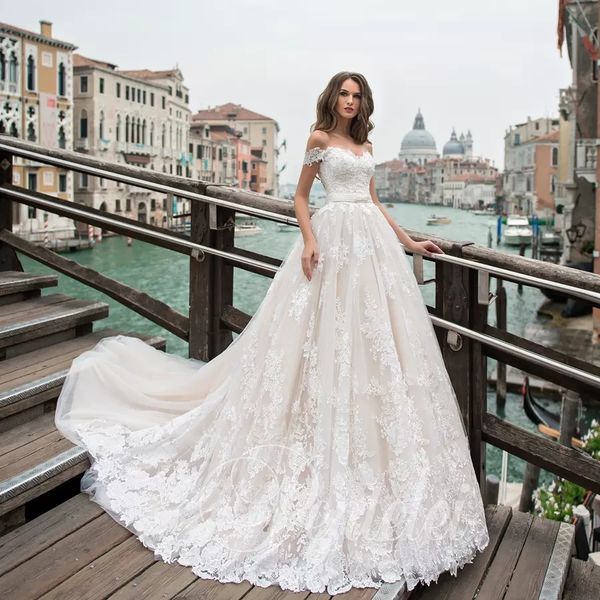 

off the shoulder lace wedding dresses 2021 with appliques beads court train lace-up back a line wedding bridal gowns, White