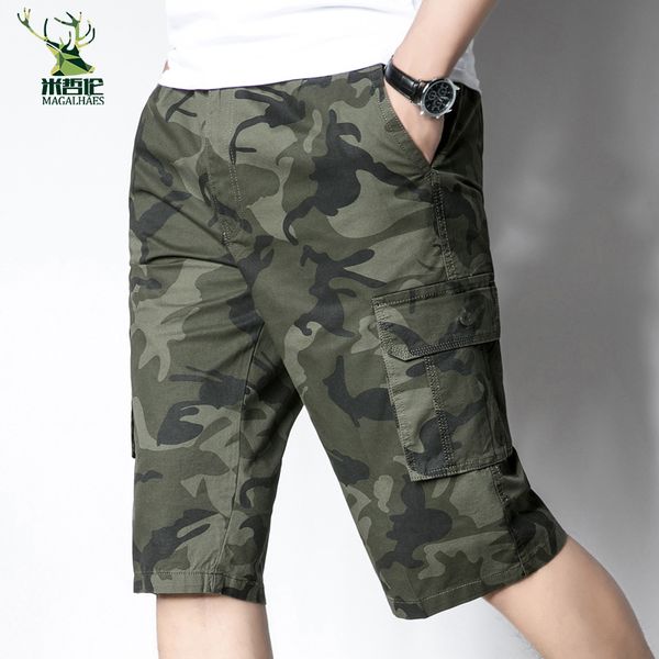 

men summer casual cropped trousers men brand loose multi pockets shorts 2018 camouflage middle age and old age short, Black