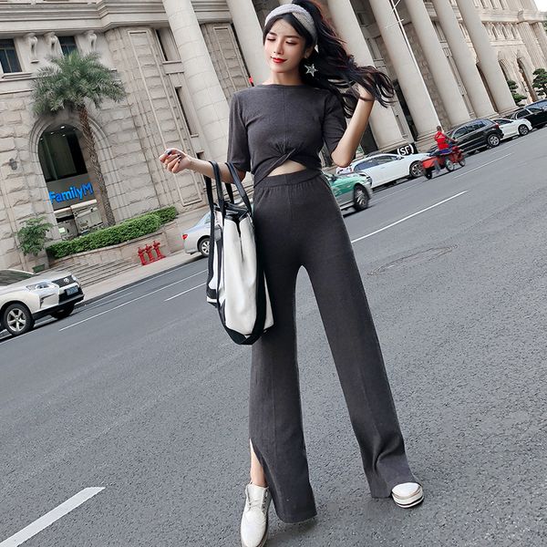 

2018 autumn new women half sleeve round neck casual outfit set female solid color short t-shirt long pants high street suit set, Gray