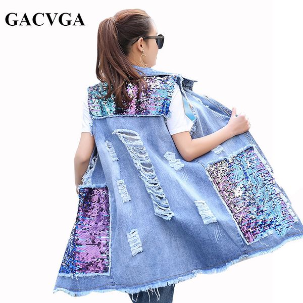 

wholesale- gacvga 2017 spring autumn long cardigan denim jacket sequined sleeveless jeans jacket women hole coats plus size outwear, Black;brown