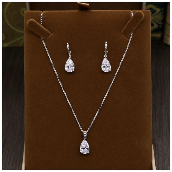 

cubic zircon elegant pendant set anniversary earrings necklace accessories wedding jewelry for bridal rhinestone necklace set, White