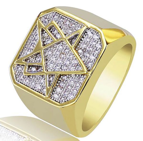 Motivi geometrici maschili 18k Giallo Gold Gold Cz Bling Bling Bling Anelli Cubic Zirconia Micro Pave simulato Anello di diamanti simulato con scatola regalo