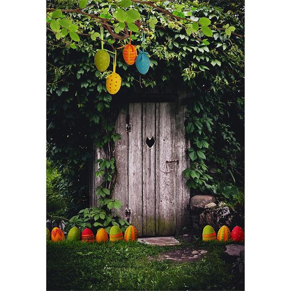 Foresta misteriosa Porta di legno vintage Uova di Pasqua Fondali fotografici Vinile Stampato Albero Foglie Primavera Natura Scenico Bambini Foto Sfondo