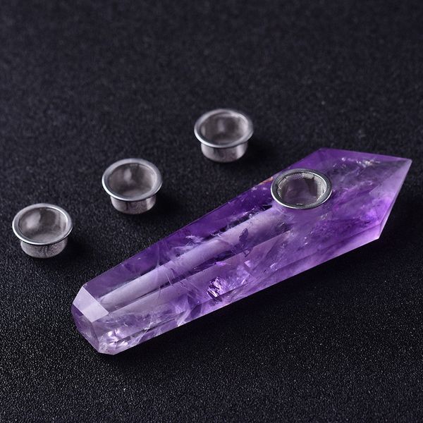 1PCS Natural Amethyst Crystal Wand Ponto de cigarro Ponto Ponto Cigarro Gemito Cura do tubo de fumaça com filtro de metal