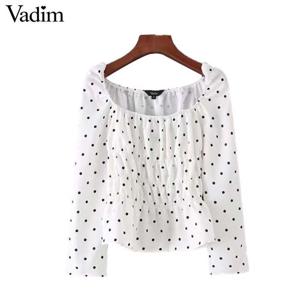 

vadim women cute polka dots shirts elastic long sleeve square collar pleated blouse ladies casual brand blusas lt2760, White