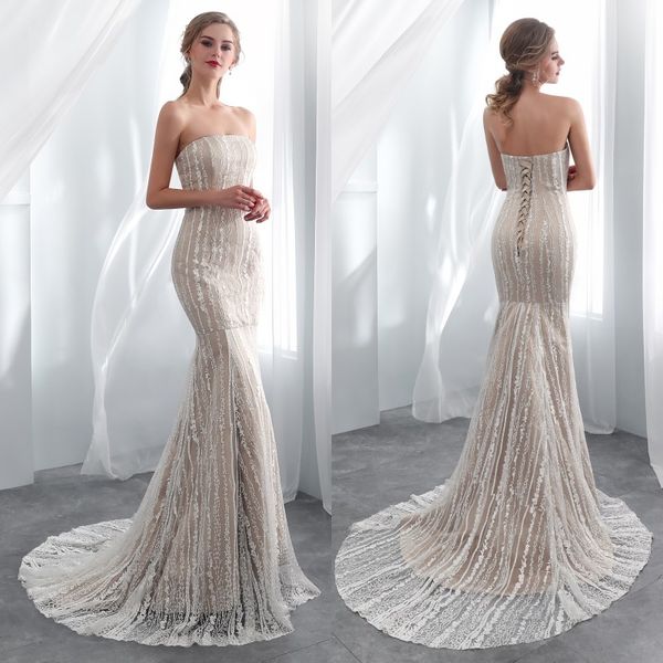 

vintage champange ivory wedding dresses elegant strapless satin lace sweep train bridal gown glamorous lace-up wedding gowns cheap, White