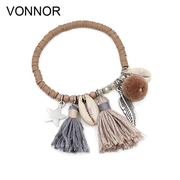

vonnor jewelry women fashion colorful fimo beads handmade bracelets with tassel pendant shell jewelry strand bracelet for girl, Black