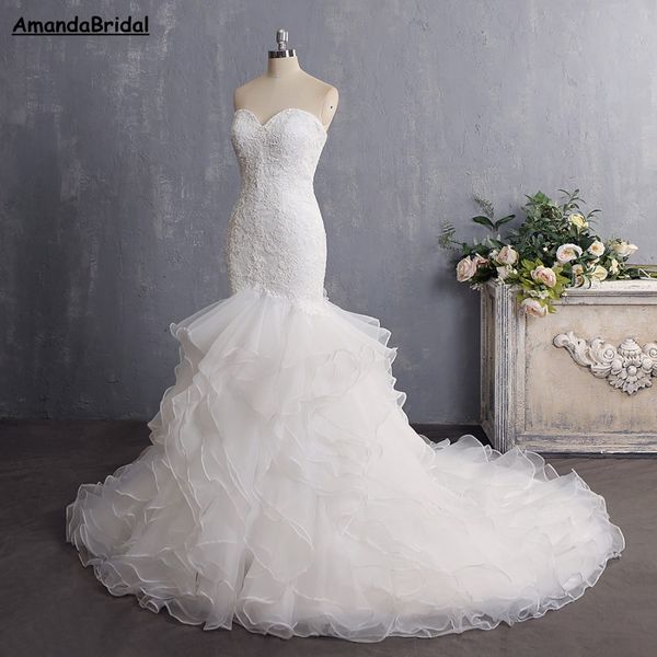

amandabridal sweetheart layer bride dress vintage court train organza lace mermaid wedding dresses 2019 appliques bridal gown, White
