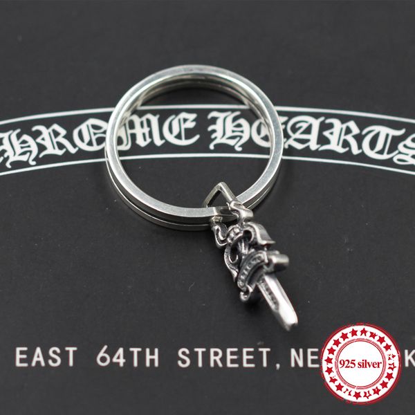 

s925 sterling silver men's keychain personality retro classic jewelry punk style hip-hop circle dagger diy send a gift to lover, Slivery;golden