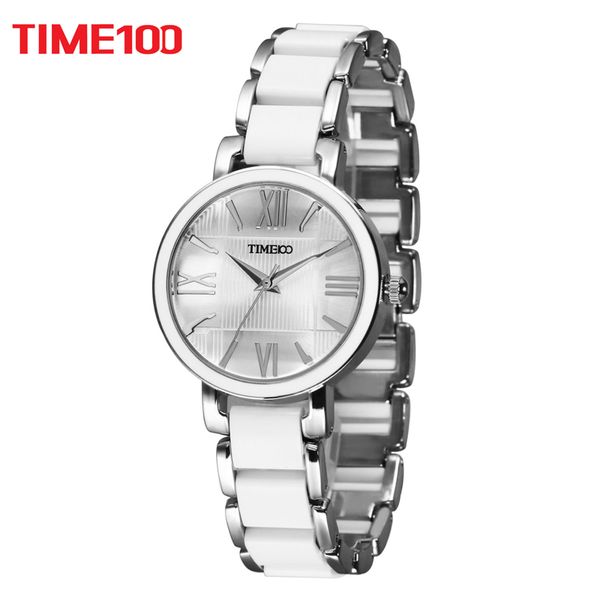 

time100 women's quartz watches white simulated ceramic bracelet watch hours ladies casual watches xfcs relogios femininos, Slivery;brown