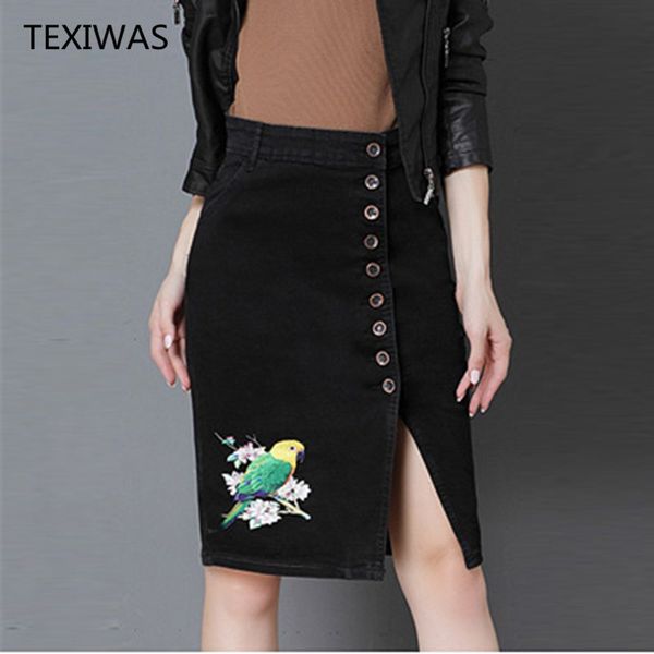 

texiwas 2017 spring summer new pocket embroidery decoration women s-6xl plus size fashion buckle zipper long cowboy skirt, Black