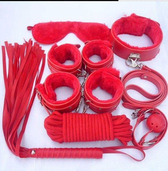 Bondage Faux Lined Restraint Set Gag Peitsche Hand Fußfesseln Augenbinde Halskragen #R98