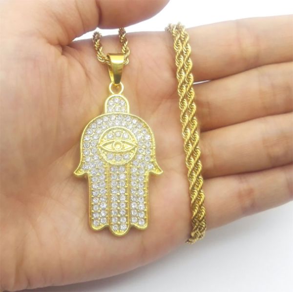 Hip Hop Hamsa Mano di Fatima Protezione del malocchio fortunato Amuleto Collana con ciondolo in cristallo Catena con corda da 24 pollici