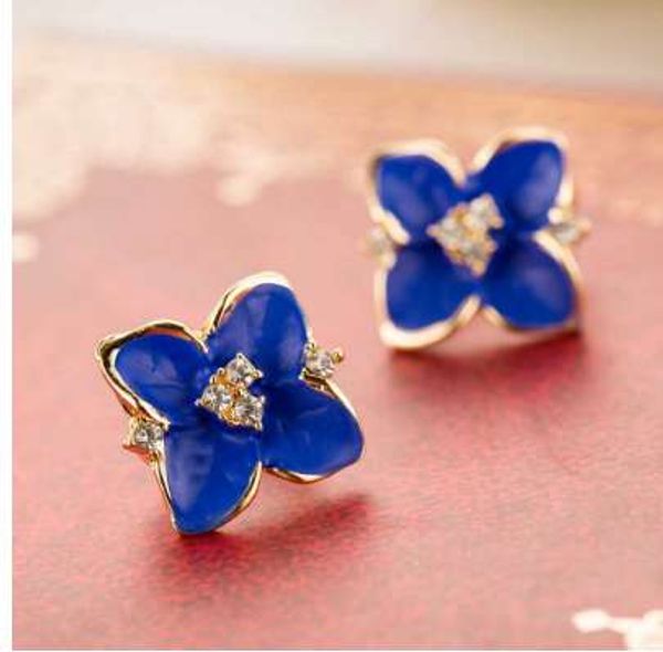 

famshin new elegant noble blue flower ladies gold rhinestone stud earrings pierced earrings brinco women, Golden