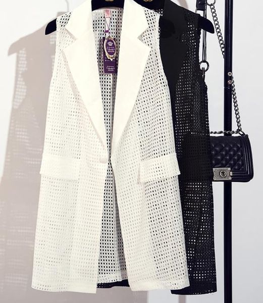 

2017 summerlapel hollow vest cardigan solid color long loose vest, Black;white