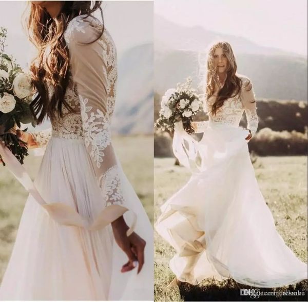 2020 vestidos de casamento de praia mangas compridas até o chão Verão Boho nupcial Vestidos Hippie Lace apliques Bohemian A-Line Vestido de Noiva