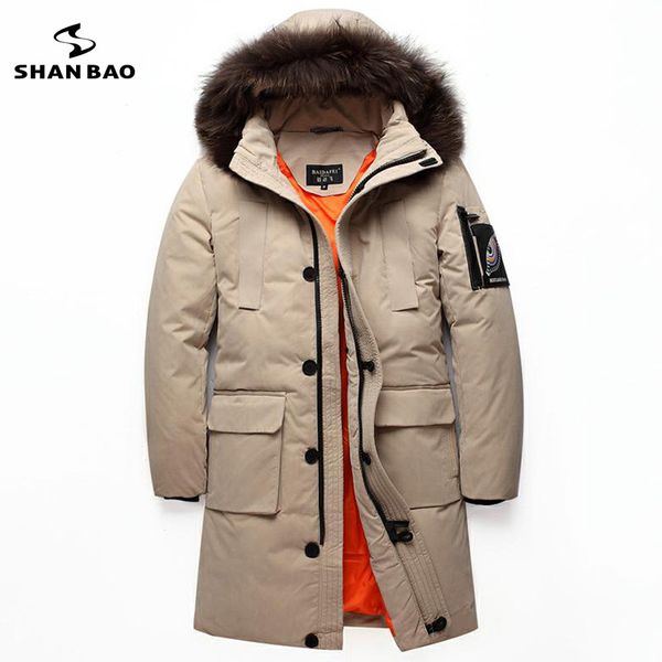 

2018 winter luxury fur thick warm down jacket badge embroidery lined zipper pocket men's casual long down jacket, Black