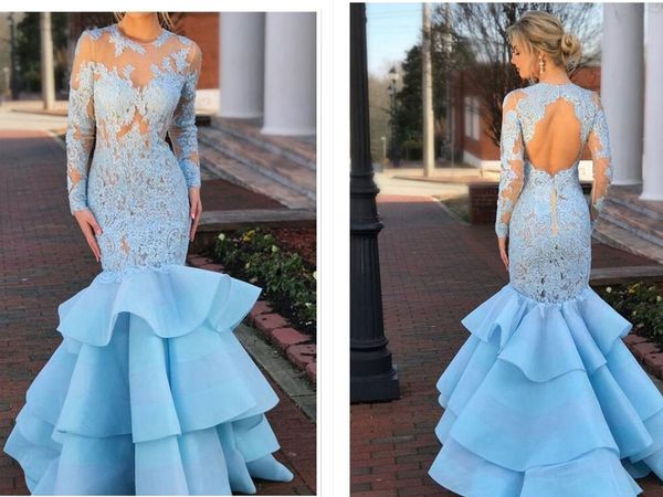 

long mermaid prom dress long sleeve online elegant evening formal dresses 2019 with blue lace applique backless cocktail party dresses, Black
