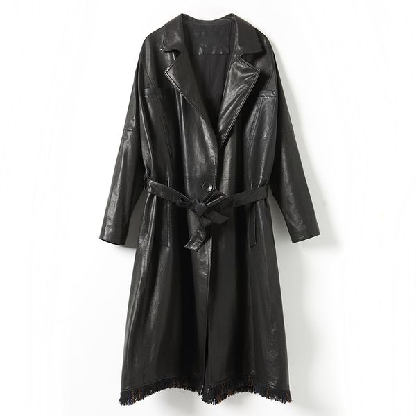 

silk 2018 european and american fashion casual wash sheep straight soft leather windbreaker jacket leather girl t799, Black