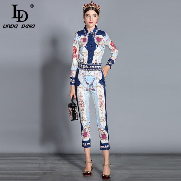 

ld linda della 2018 new fashion runway pants two pieces set women's long sleeve floral print blouses + vintage pants sets suit, Gray