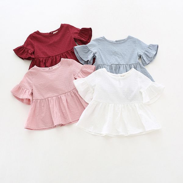 

2018 INS NEW ARRIVAL Girls Kids shirt ruffles Sleeve round collar solid color shirts girl baby casual summer 100% cotton shirt