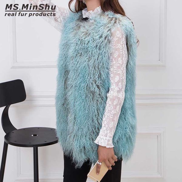 Ms.minshu Mongolian cordeiro colete moda senhora gelit tibete cordeiro casaco de pele sem mangas inverno longo cabelo waistcoat casaco feminino