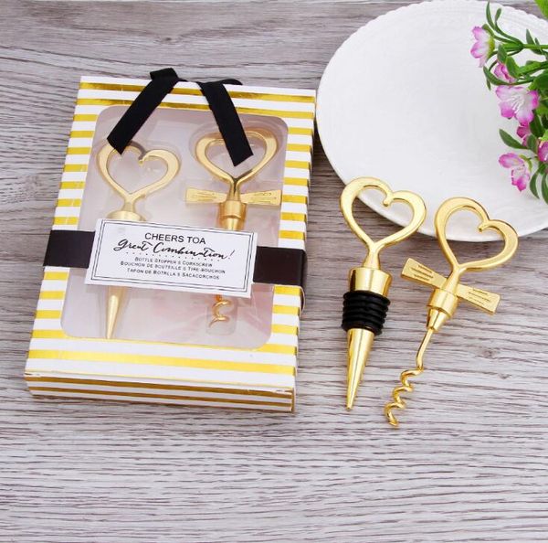 Gold Wine Opener Stopper Love Set Gift Box Eleganti apribottiglie a forma di cuore Cavatappi Champagne San Valentino Matrimonio Souvenir Regali Favore di partito