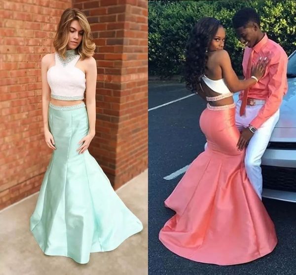 

2018 mermaid prom dresses beading halter neckline 2 pieces sweep train two tone taffeta african dresses vestidos de fiesta, Black
