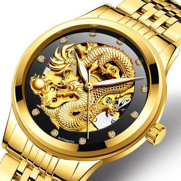 

fngeen gold dragon automatic mechanical watch casual mens watches stainless steel brand business fashion watch men, Slivery;brown