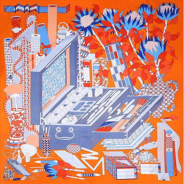 

pobing 130x130cm square silk scarf women 2018 luxury toolbox floral print foulard silk head scarves stoles femme twill scarf, Blue;gray