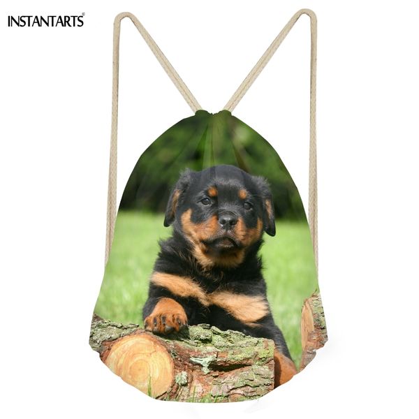 

instantarts cute puppy rottweiler print drawstring bags for men casual large softback beach sack fashion students boys backpacks