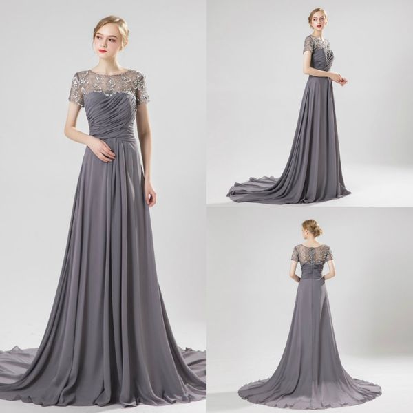 Elegante abito grigio per la madre della sposa, collo gioiello, perline di pizzo, strascico di cristallo, chiffon, taglie forti, abito da sposa