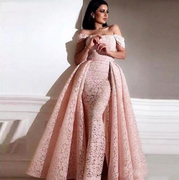 

2019 Saudi Arabic Overskirts Prom Dresses Detachable Train Off-shoulder Formal Party Gowns Zipper Back Sheath Full Lace Evening Dress