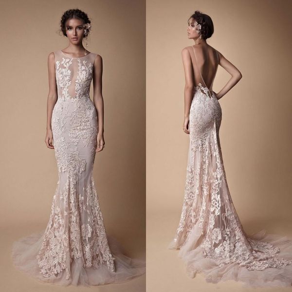 

berta 2018 stunning mermaid wedding dresses sheer crew neck full lace wedding gowns chapel train backless beach bridal dresses, White