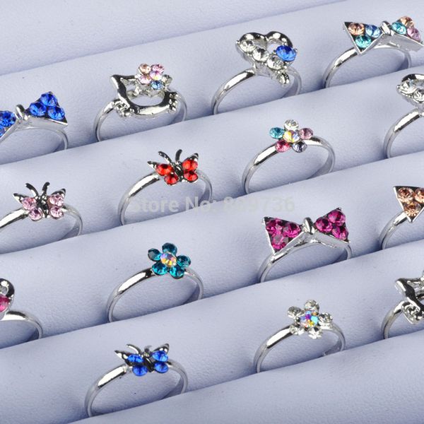 

wholesale- 20pcs silver plated kids ring assorted design crystal ring for kid child party small size adjustable wholesale lots drop ship, Golden;silver