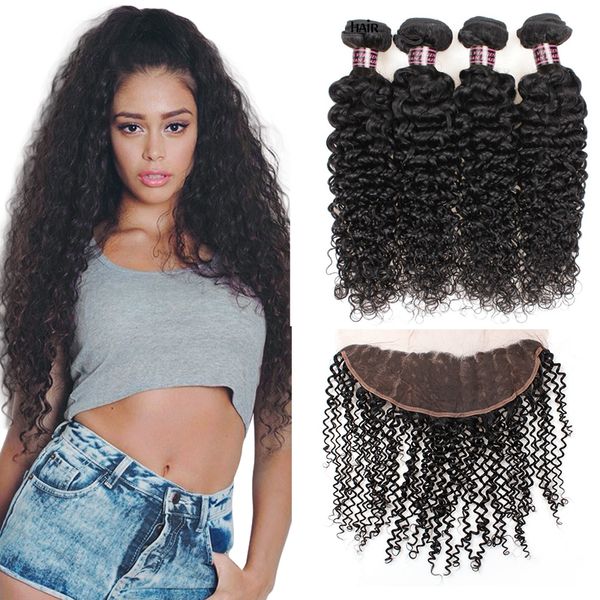 

13x2.5 size curly lace frontal with human hair 4bundles malaysian curly virgin hair weave with lace frontal closure curly hair, Black