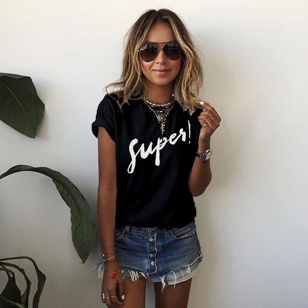 

2018 summer women short sleeve o neck blouse simple super letters prints black white loose shirt camisa dropshipping ey11