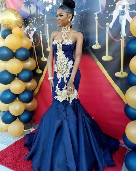 

Sexy Navy Blue Mermaid Prom Dresses High Neck Appliques Evening Dresses Backless Formal Party Wear Plus Size
