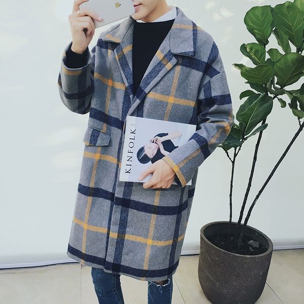 

winter new coat men fashion lattice slim fit casual warm and comfortable streetwear windbreakerretro japanese long jacket, Black