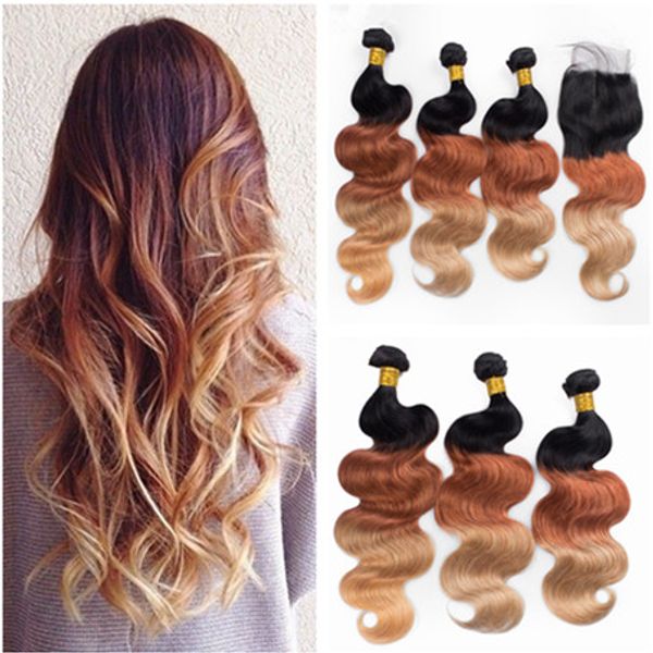 Compre 1b 3327 Honey Blonde Ombre 4x4 Lace Closure Con Extensiones De Tejido Tres Tonos De Color Peruano Peruano Body Wave Paquetes De Cabello